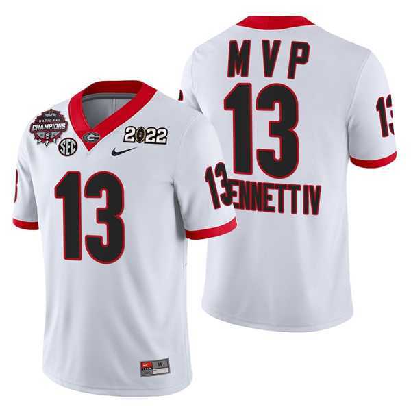 Men%27s Georgia Bulldogs #13 Stetson Bennett IV White 2021-22 National Champions College Football Game MVP Jersey Dzhi